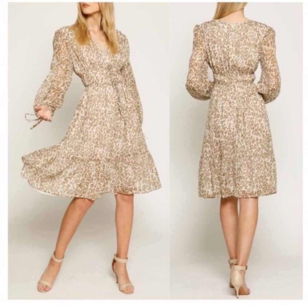 Walter Baker Faber Leopard dress long sleeve sheer gold glitter midi dress